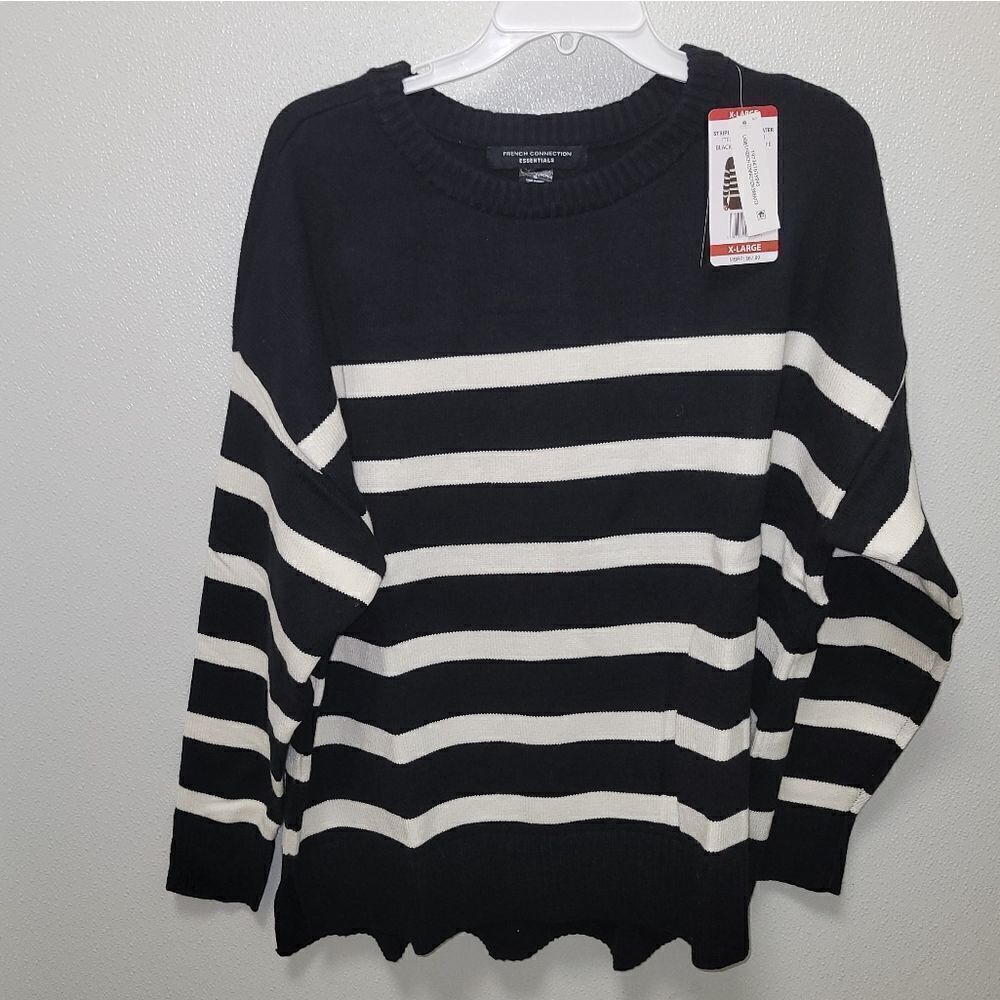 French Connection Essentials Women's Striped  Sweater Black Ground  XL NWT